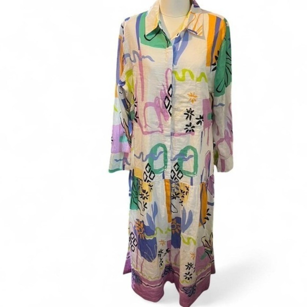 Chico's Multicolor Abstract Print Midi Dress Belted Long Sleeve Size 2 US 12 - Picture 2 of 4